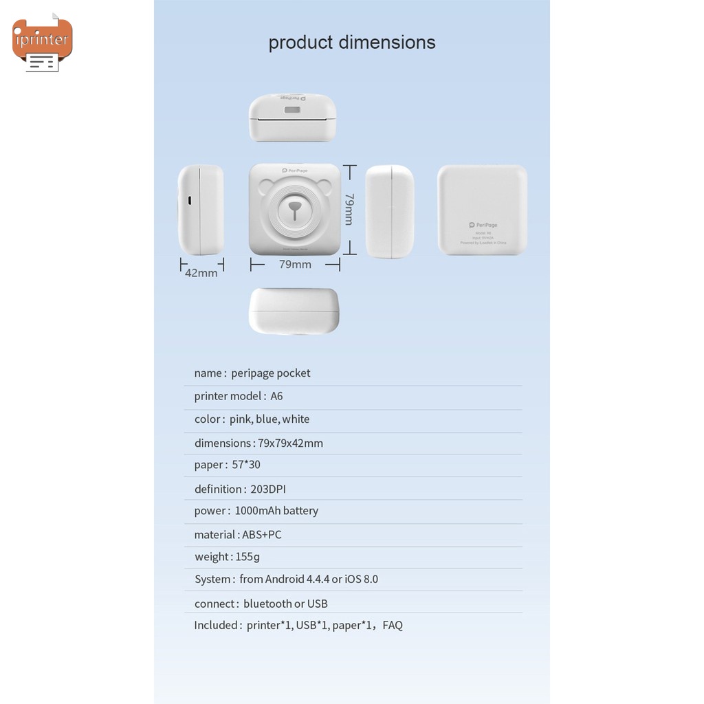 Máy in giấy nhiệt Peripage A6 nhỏ gọn hỗ trợ bluetooth cao cấp chuyên nghiệp