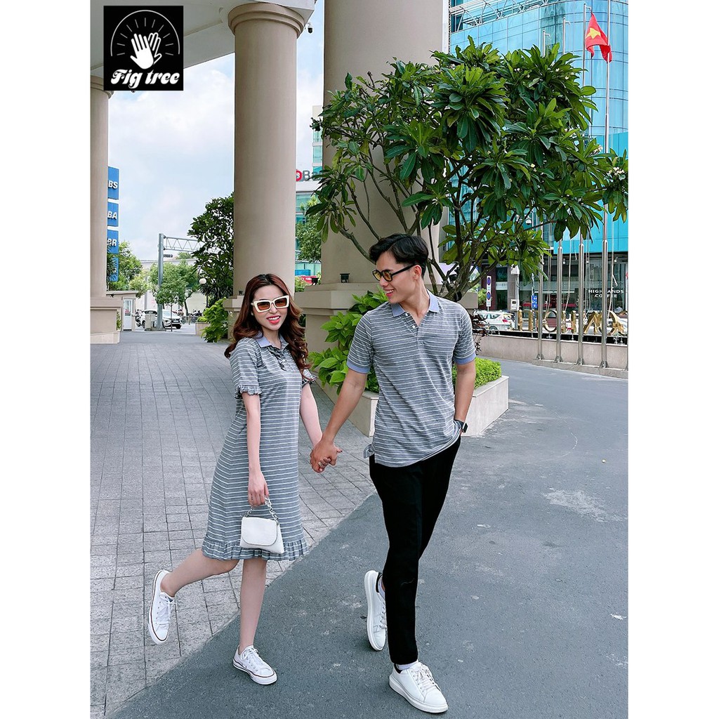 Áo váy đôi polo sọc Xám ghi FIG TREE siêu model cho couple( đủ size+ hàng thiết kế)