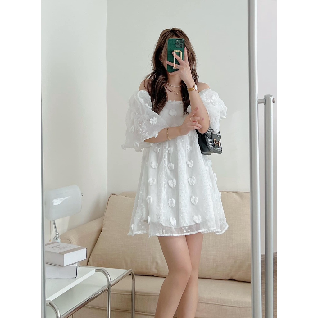 [HÀNG SẴN/VIDEO] ÁO VÁY BABYDOLL REN HOA NỔI TAY BỒNG SIÊU XINH MẶC 2 KIỂU