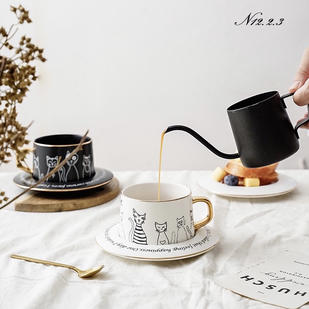 Set tách cà phê hình mèo đen trắng dễ thương, set tách trà bằng sứ cao cấp 12.2.3
