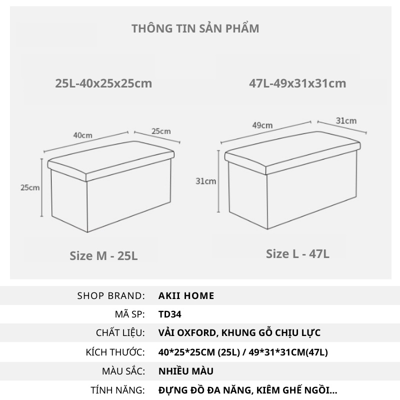 Thùng Đựng Đồ Kiêm Ghế Ngồi, Đựng Đồ Chơi Cho Bé, Quần Áo, Sách Vở Đa Năng Akii Home TD34