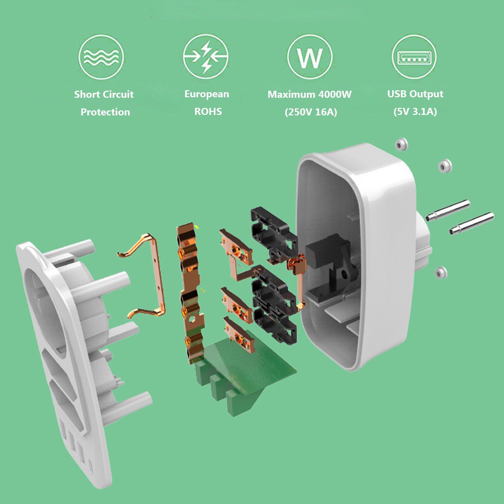 SHOUHOU 250V 16A Home Office Electrical Plug Phone Laptop Wall Charger USB Socket Adapter Travel Multiple 7-in-1 EU Power Socket 4 USB Ports