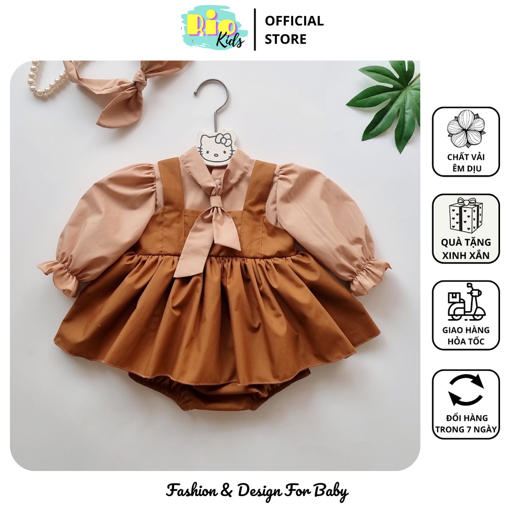 Body yếm váy cổ cavat nâu tây thiết kế Hàn Quốc cho bé gái sơ sinh - Riokids BD42