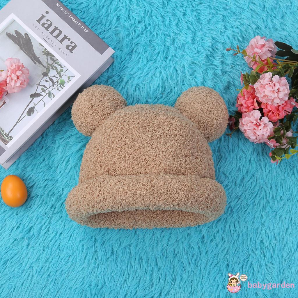 Mũ trùm đầu len lông cừu màu trơn đính hai quả bóng lông xinh xắn thời trang dành cho trẻ em