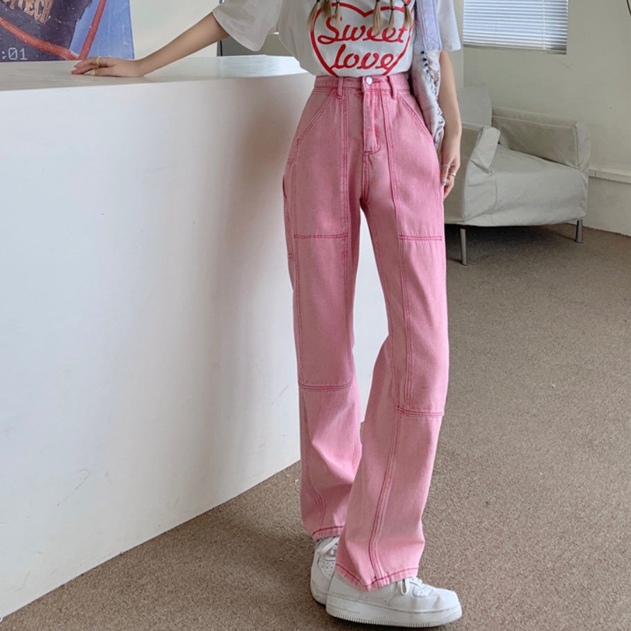 Quần Jeans Nữ Ống Rộng Lưng Cao Màu Hồng Ngọt Ngào Thiết Kế Mới 2021