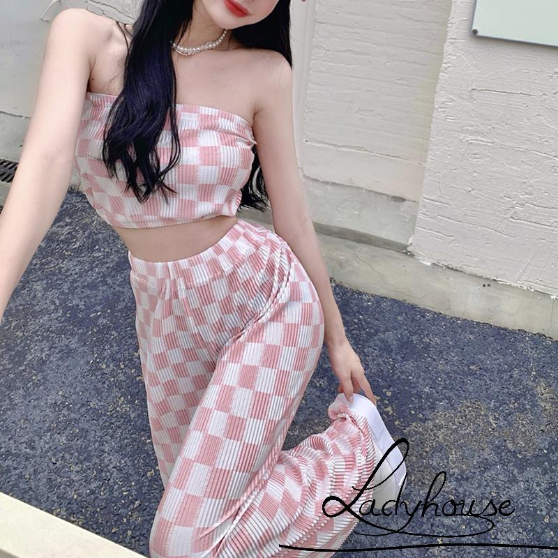 LDD-Women 2PCS Outfits, Check Pattern Sleeveless Tube Tops, High Waist Long Wide Leg Pants