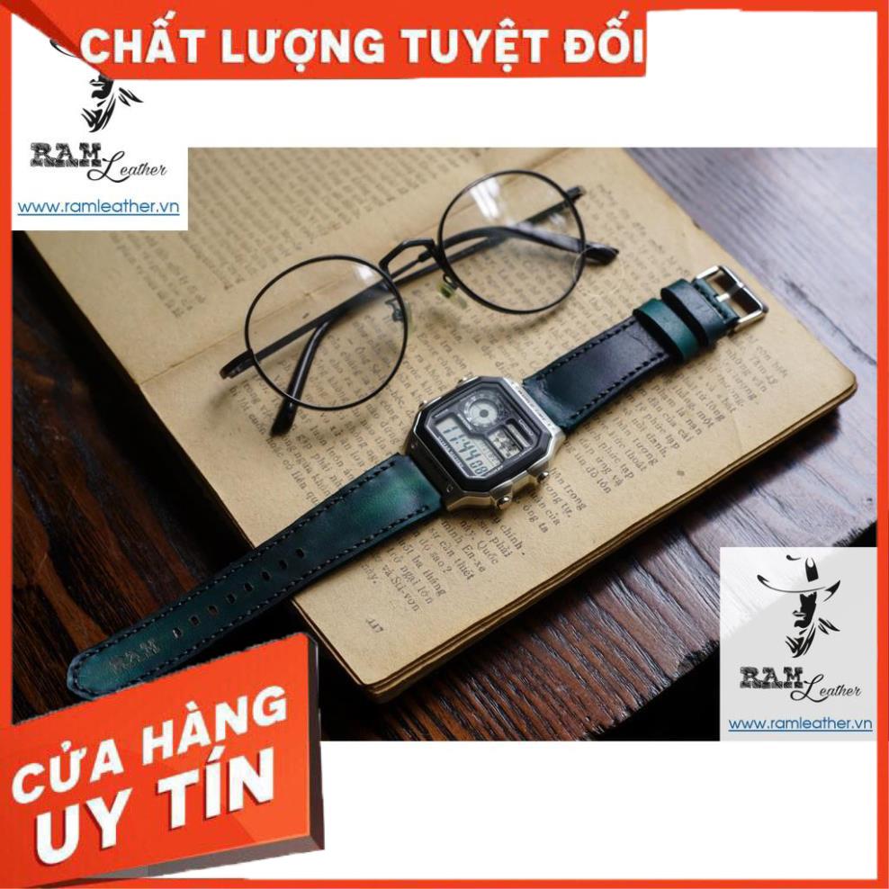 Dây Đồng Hồ Casio Ae 1200 / Seiko 5 Da Bò Veg Ý Xanh Lục - Ram Classic 1972