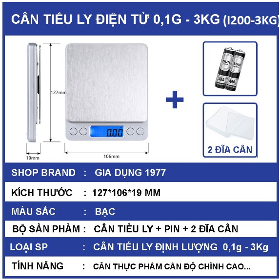 Cân tiểu ly điện tử nhà bếp mini định lượng 1g - 5kg, Cân tiểu ly làm bánh độ chính xác cao kèm 2 viên pin AAA