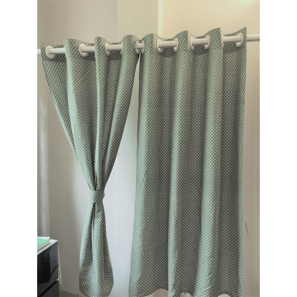 Rèm cửa trang trí vải bố linen đẹp - họa tiết chấm bi xanh R-C04