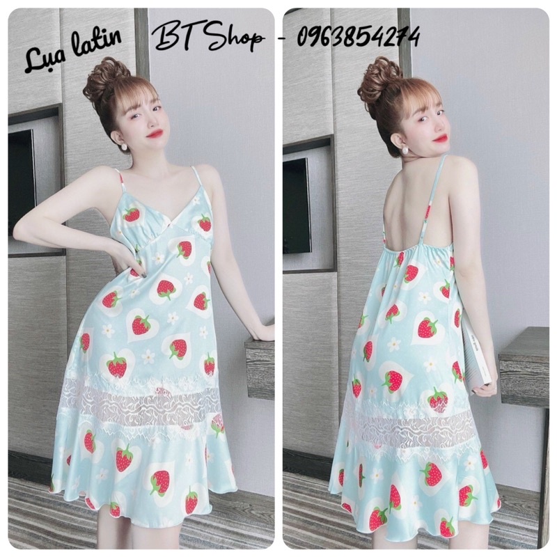 Váy ngủ lụa latin 2 dây đuôi cá phối ren freesize 42-57kg