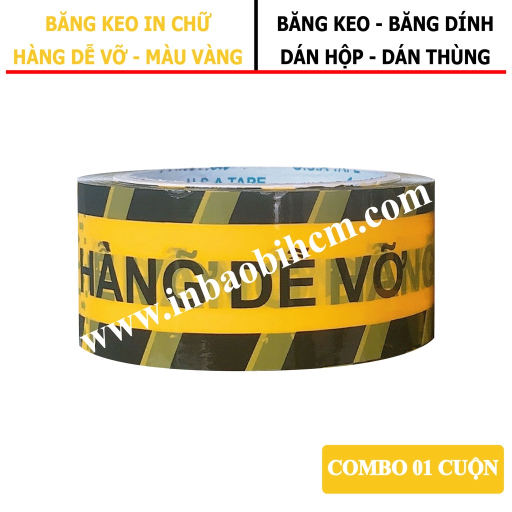 Băng keo HÀNG DỄ VỠ siêu dính màu VÀNG, Dày 50 Mic, Bản 4F8, Băng keo dán hộp, dán hộp giá rẽ, InbaobiHCM