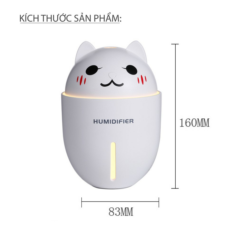 Máy phun sương tạo ẩm không khí cổng USB hình mèo dễ thương, Máy xông tinh dầu có đèn Led và cánh quạt mini siêu cute