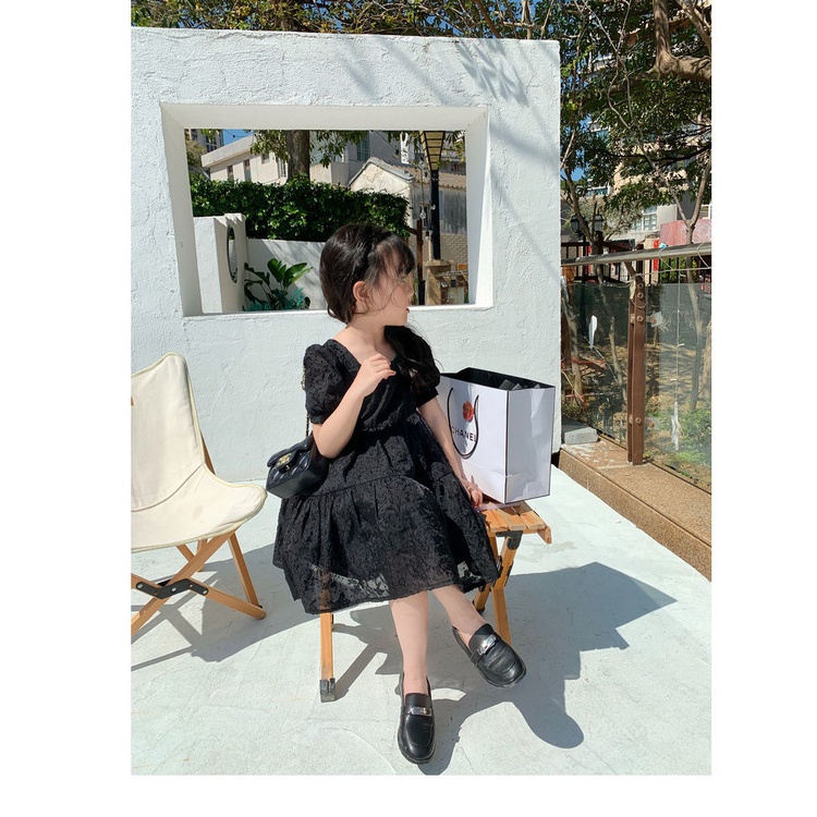 Đầm Công Chúa Màu Đen Cổ Vuông Tay Phồng Thời Trang Mùa Hè Cho Bé Gái