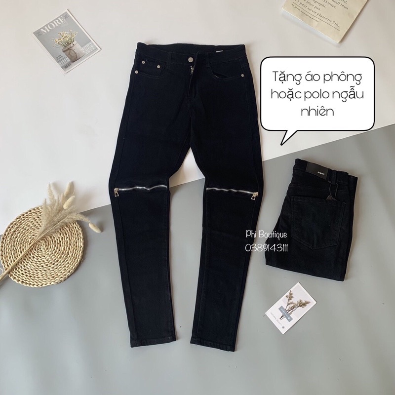 Quần Jean nam đen trơn phối khoá kéo gối + tặng áo