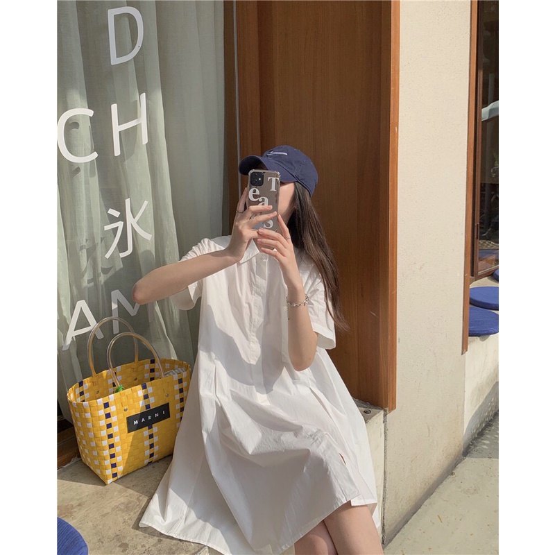 Đầm váy sơ mi cổ polo tay ngăn dáng dài suông form rộng ulzzang LAVILO Đ05