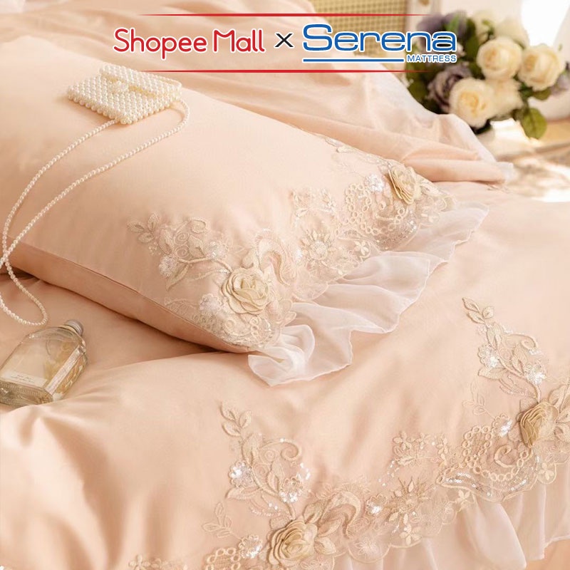 Ra Nệm Trải Giường 5 Món Satin Lụa Thêu SERENA Chính Hãng Bộ Chăn Ga Ra Drap Gối Đệm Trải Bọc Giường Trần Bông Cao Cấp