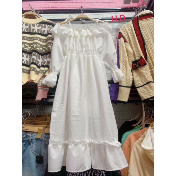 Váy Tiểu Thư Trắng Trễ Vai Hoặc Cổ Vuông Vintage 2 Dây Buộc Vai ❤ Đầm Xòe 2 Lớp có lót trong Mặc Nhiều Kiểu giá rẻ Maxi
