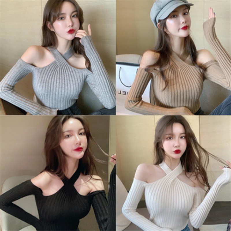 Korean women's clothing all-match sexy cross hanging neck strapless inner knit sweater