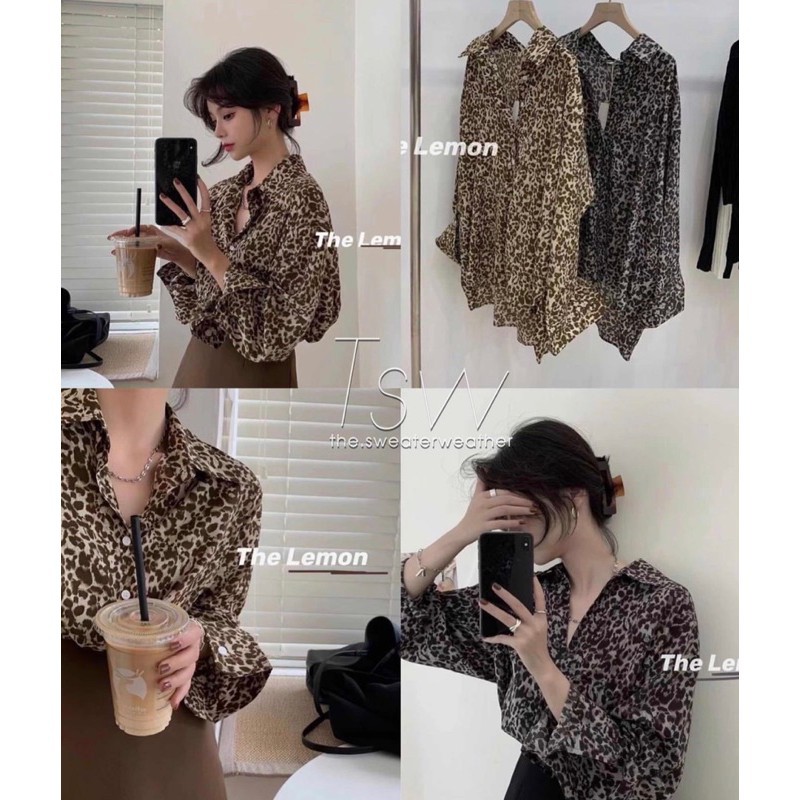 Áo sơ mi nữ báo đốm phom rộng dài 72cm, Áo sơ mi nữ hoạ tiết báo đốm kiểu dáng đuôi tôm | BigBuy360 - bigbuy360.vn