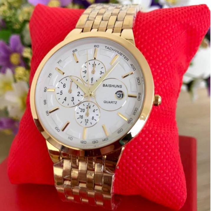 Đồng hồ nam Baishuns dây thép khung vàng mặt trắng cao cấp hot 2018