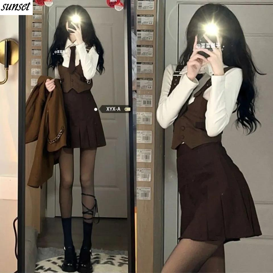 sunset Bộ Áo Khoác Cardigan Không Tay + Áo Sơ Mi + Chân Váy Dài Thời Trang Cho Nữ