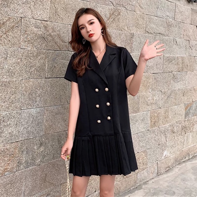 Bigsize Đầm cổ vest 6 cúc phối đuôi xếp li