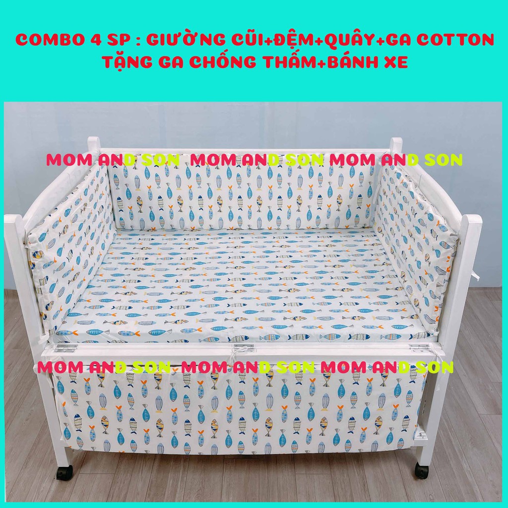 (Nhiều ComBo)Giường Cũi Trẻ Em MOM AND SON(70x110x86 cm)-Gỗ Quế Tự Nhiên Xuất Khẩu Màu Trắng-An toàn-BH 6 Tháng.