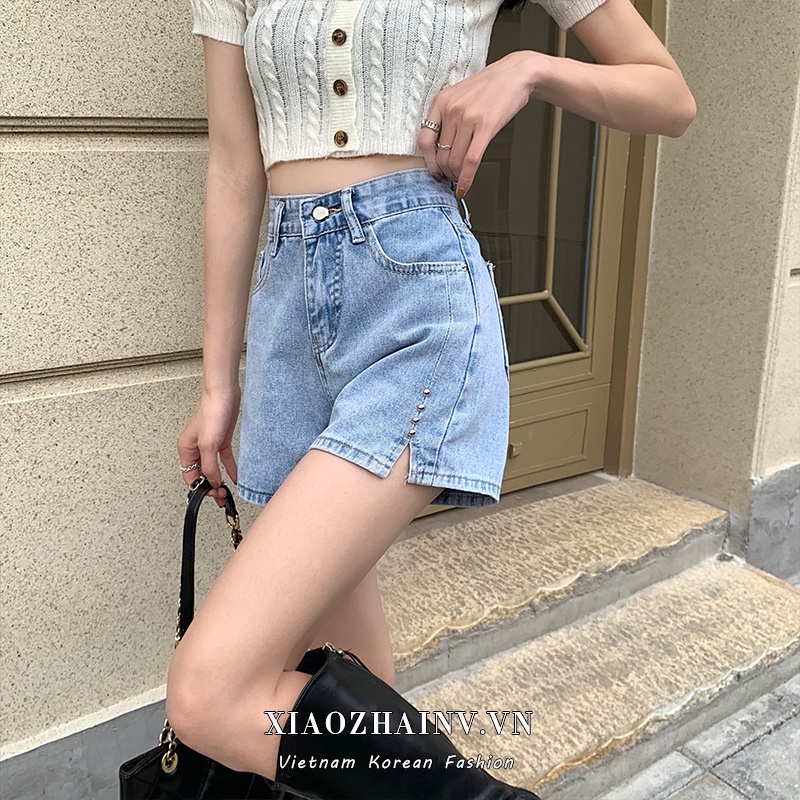 Quần short denim Xiaozhainv lưng cao ống rộng xẻ tà thời trang mùa hè cho nữ