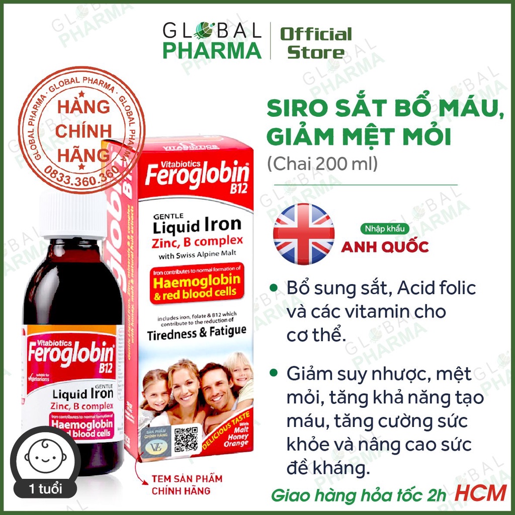 Siro sắt bổ máu Vitabiotics Feroglobin (200ml) - Chống mệt mỏi, suy nhược, trí óc minh mẫn