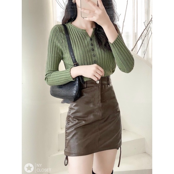 Áo len body cúc giữa len tăm đũa quảng châu tay dài cổ tròn xẻ gấu co dãn tốt sexy mùa đông