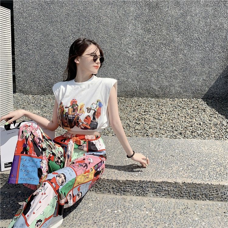 Jiashucheng Quần Dài Ống Rộng In Họa Tiết Graffiti Thời Trang Mùa Hè Có Size Lớn 150kg Dành Cho Nữ