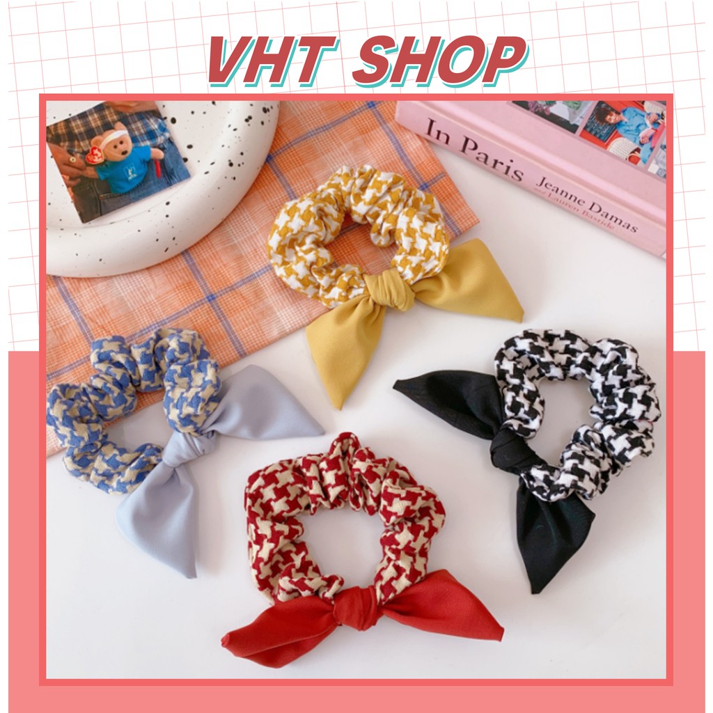 Dây buộc tóc scrunchies, dây cột tóc chun buộc tóc nữ kẻ nơ dễ thương thời trang Hàn Quốc P168 - VHT SHOP