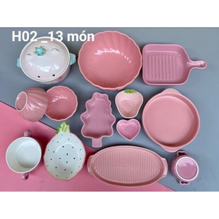 Bộ Bát Đĩa Cao Cấp [13 MÓN] - Bộ Bát Đĩa Hồng Pastel - Hàng Nhập Khẩu