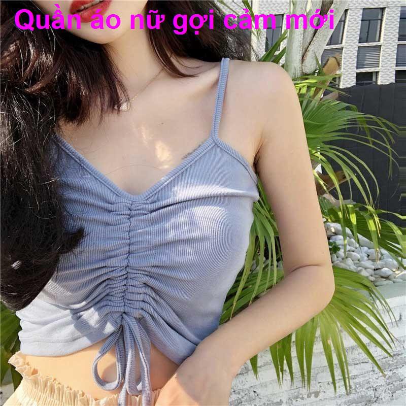 Ngực quấn dây rút gợi cảm mùa hè, mặc áo sơ mi hở đáy, yếm không tay mỏng, crop top nữ với quần