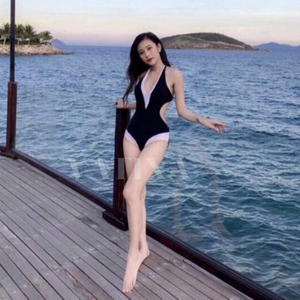 Đồ bơi Bikini 1 mảnh cut out đen viền trắng sang chảnh VATIXA BKN02