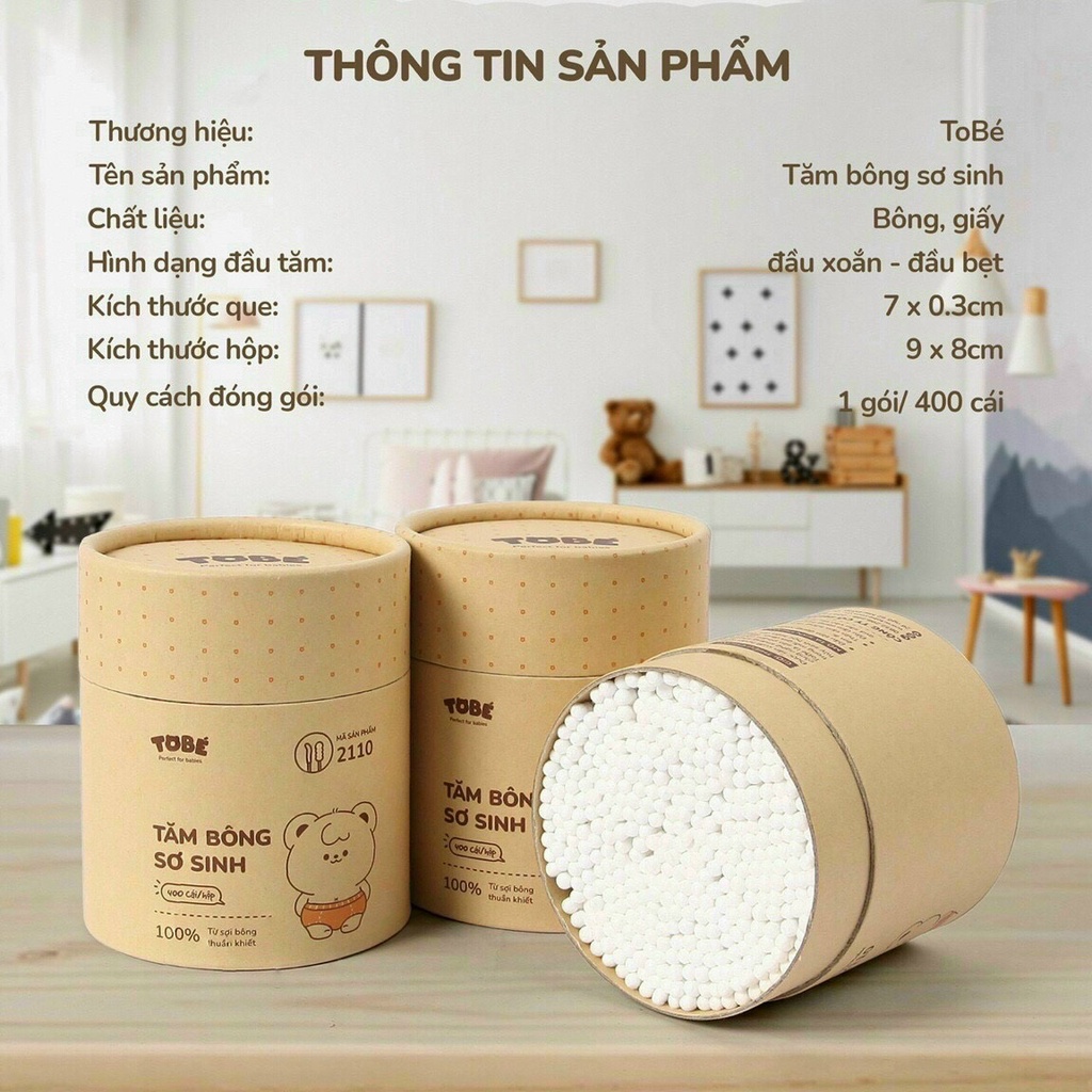 Tăm bông sơ sinh hãng TOBÉ an toàn cho bé, tiện lợi cho cả gia đình hộp 400 que⚡️𝐌𝐈𝐄̂̃𝐍 𝐏𝐇𝐈́ 𝐒𝐇𝐈𝐏⚡️