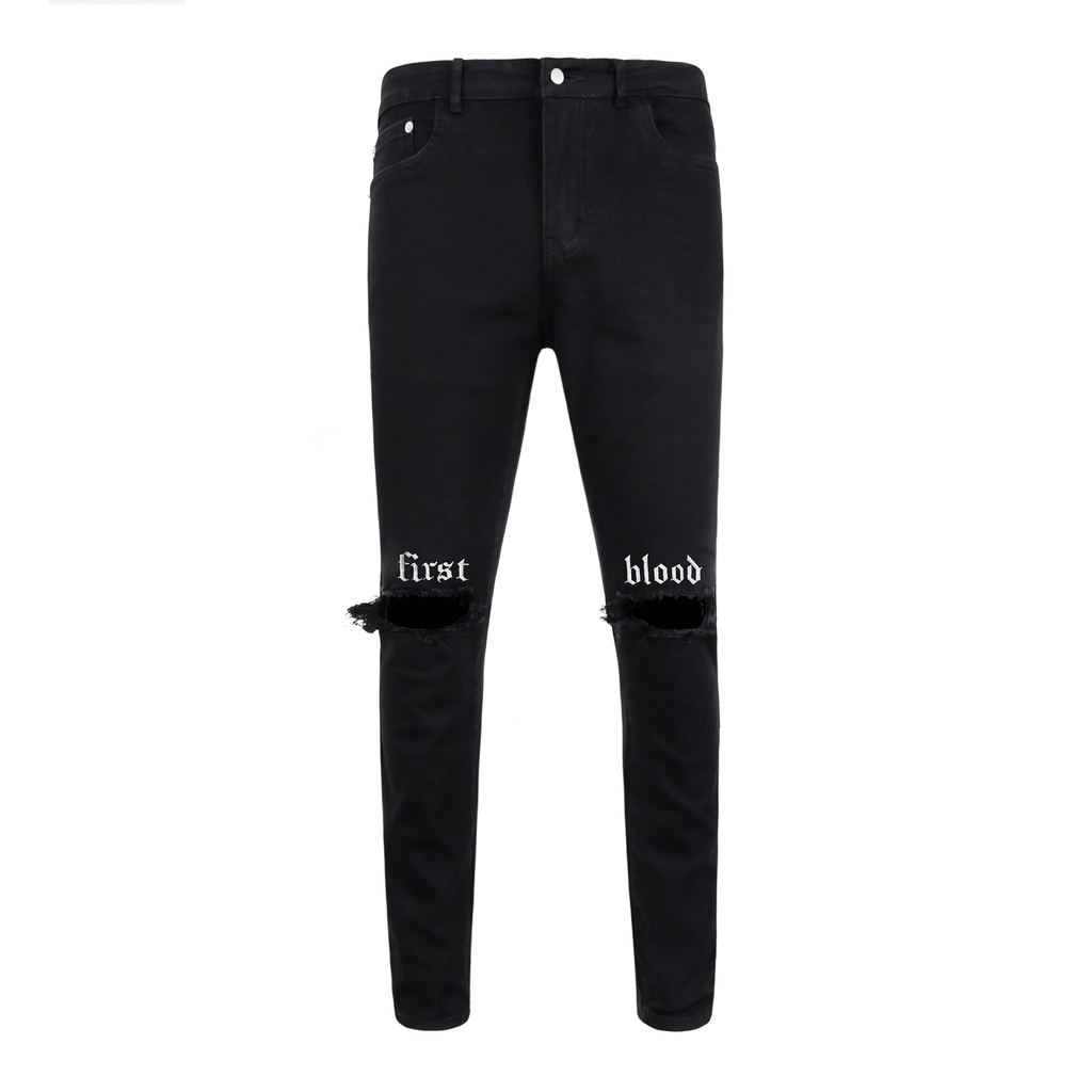 Quần Jean Nam Màu Đen Rách Gối Thêu Chữ First Blood Màu Trắng Chất Liệu Cotton Co Giãn Ống Ôm Form Skinny