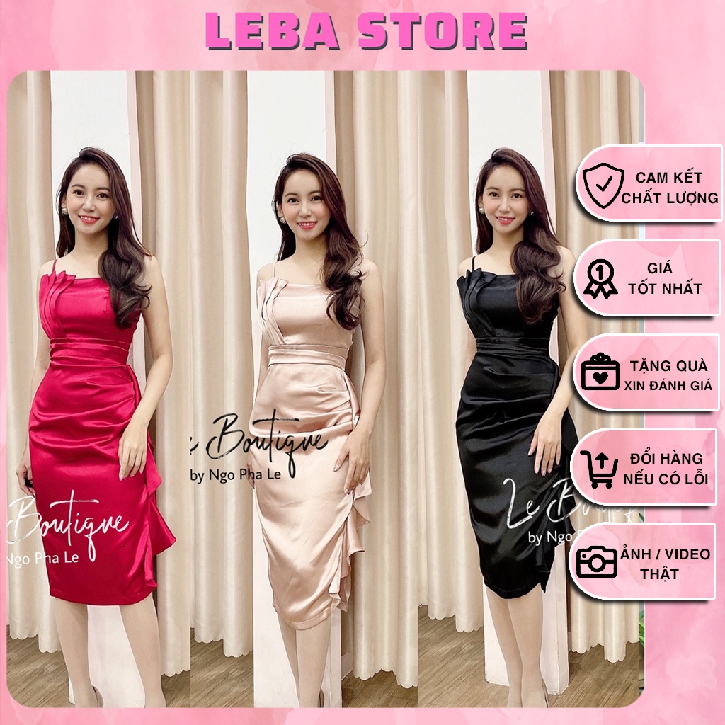 Đầm 2 Dây body Lụa Sành Điệu Chuẩn hotgirl Tiệc Sang trọng, qua gối, che bụng, xếp eo, cúp ngực, ôm