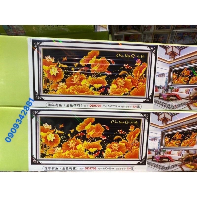 Tranh đính đá 5D CAO CẤP-TRanh Thêu Chữ Thập Cữu ngư quần hội  cá sen D9705-1m5x65 cm