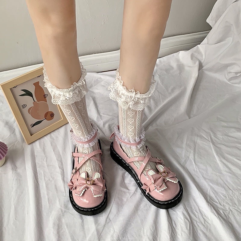 Giày lolita đế bệt da mũi tròn quai chéo gót đính nơ phong cách Nhật Bản
