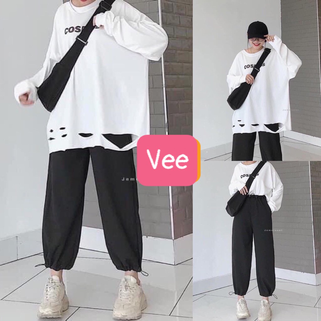 Set áo thun nam nữ dài tay COS form rộng unisex mix quần jogger ống suông rút dây eo trẻ trung cá tính_veestore