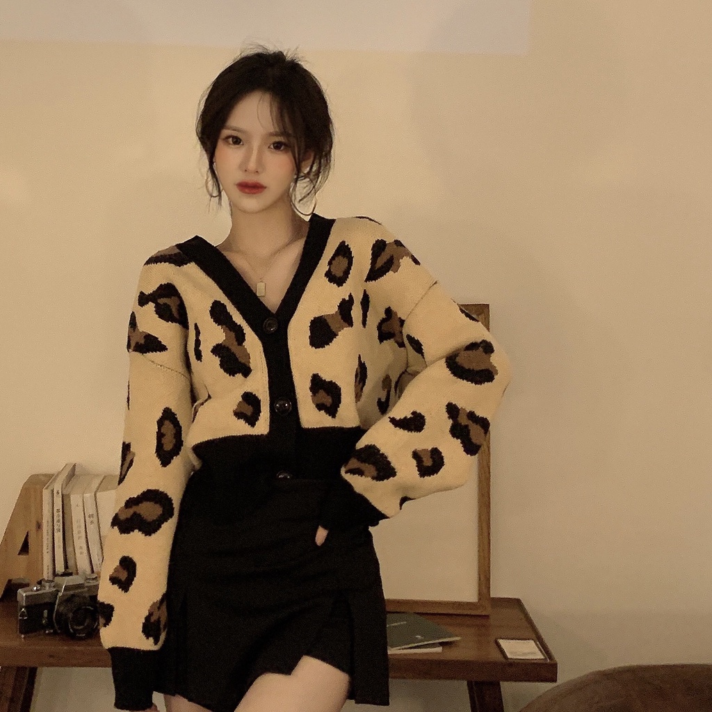Áo Khoác Cardigan Dệt Kim Tay Dài Cổ Chữ V Họa Tiết Da Báo Thời Trang Thu Đông Cho Nữ