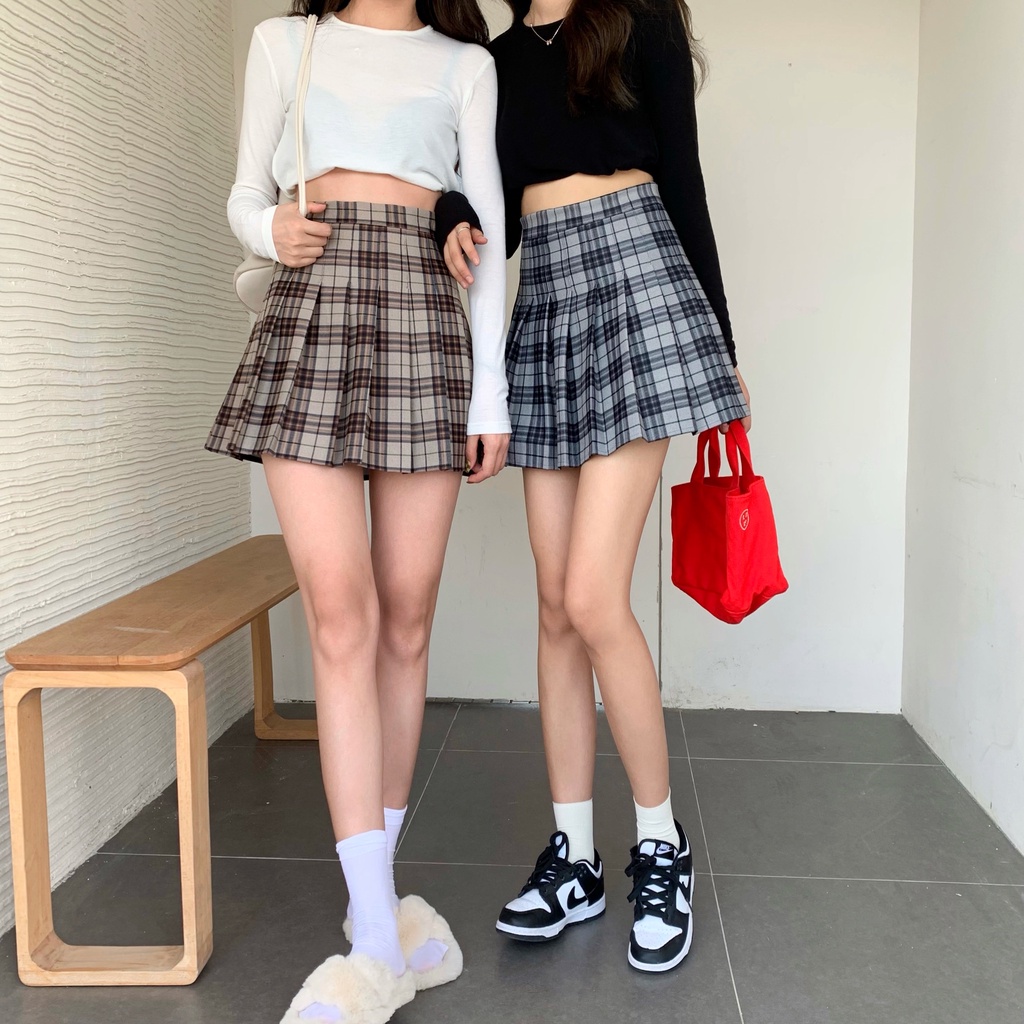 SUXI Chân Váy Chữ A Lưng Cao Họa Tiết Sọc Caro Phong Cách Hàn Quốc Cho Nữ