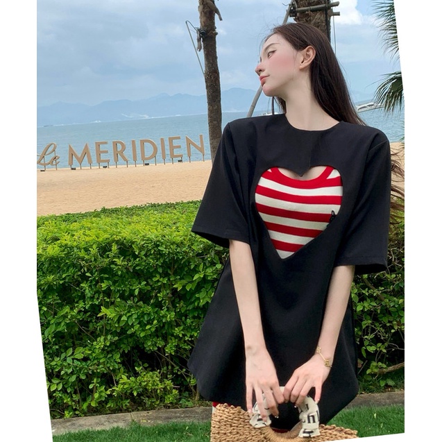 Đầm Thun Ngắn Tay Xẻ Tà Kẻ Sọc Đỏ Gợi Cảm Thời Trang Mùa Hè Cho Nữ