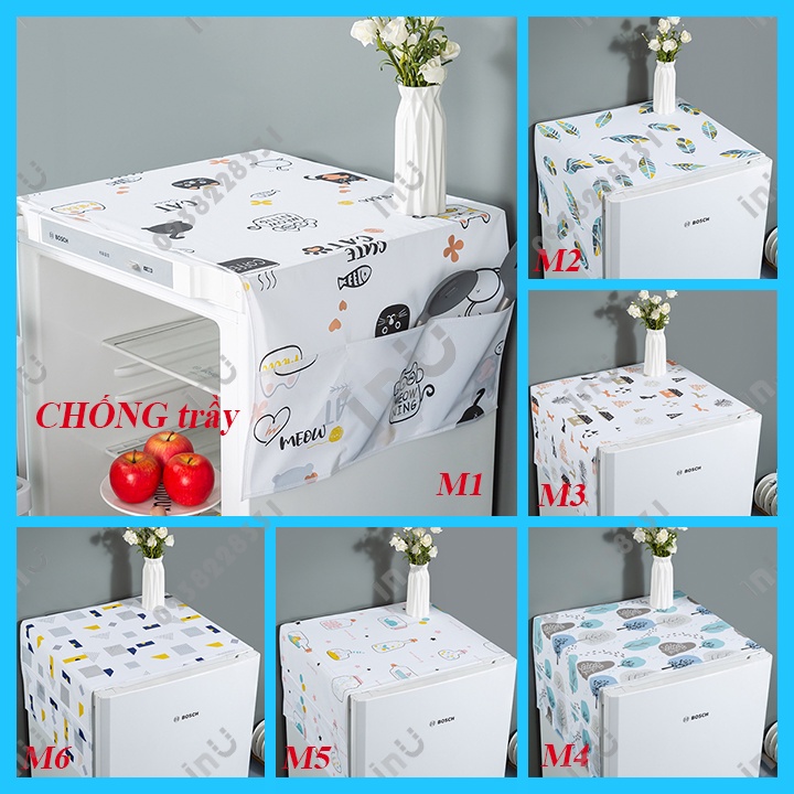 HCM - Khăn phủ tủ lạnh chống trầy xước, bụi bẩn, kèm 6 ngăn đựng đồ tiện dụng