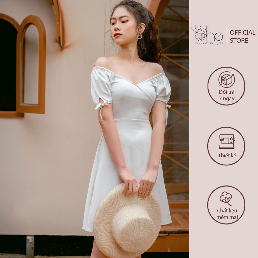 Đầm trễ vai tay ngắn thắt nơ Because She Is Her | SDX55