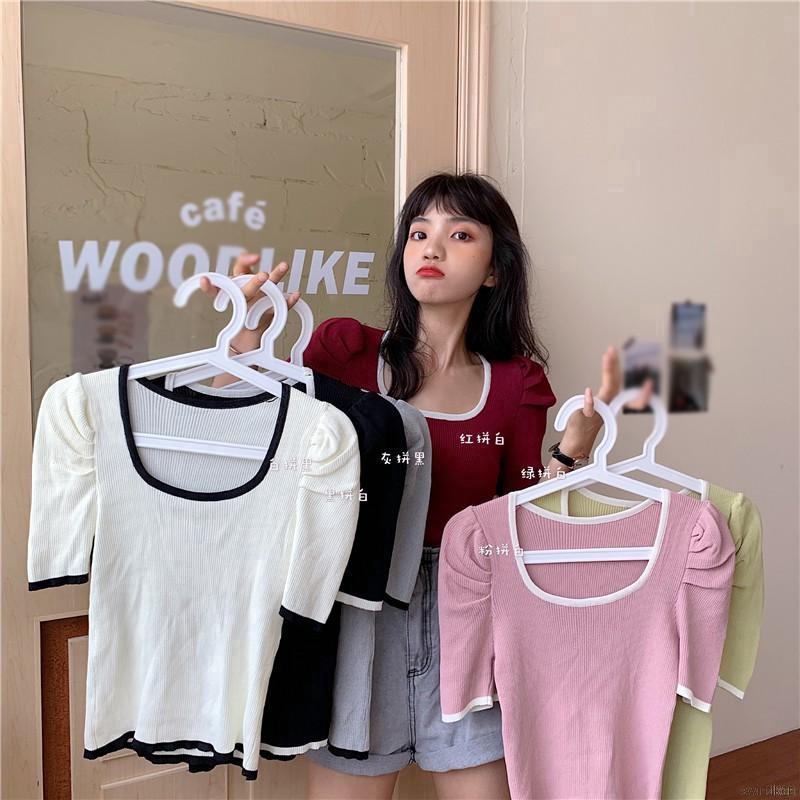 Áo Croptop Dệt Kim Tay Ngắn Cổ Vuông Phong Cách Hàn Quốc