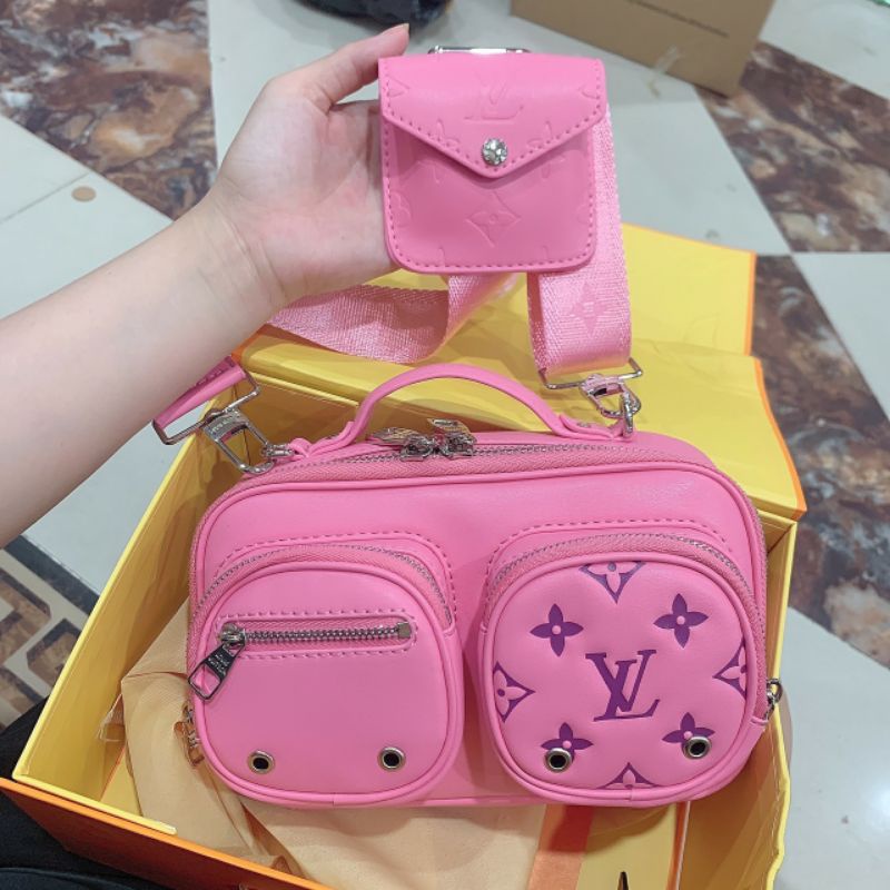 Túi đeo LV Utility crossbody vuông kèm ví dáng túi hộp so cute hồng vàng đen