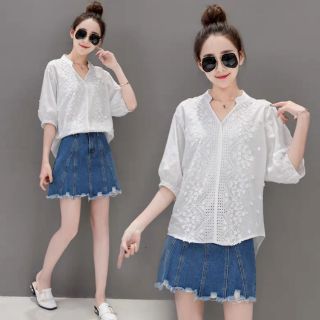 Áo sơ mi thêu ren cổ trụ