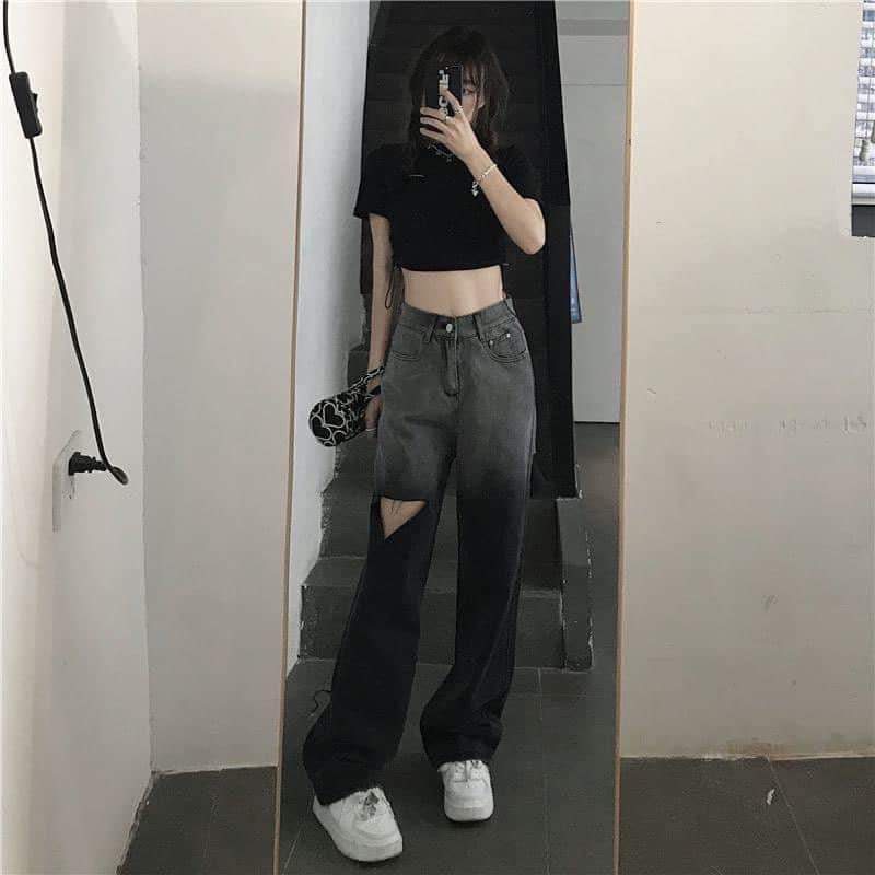 [Ảnh thật/Video] Freeship Quần Jeans Nữ Ống Rộng, Lưng Cao Rách gối Màu Omber màu đen hcshop0705